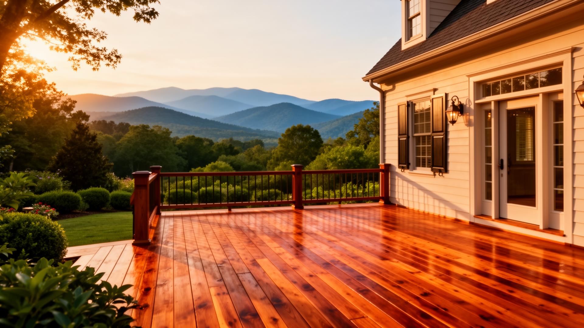 Freshly restored wooden deck overlooking the Blue Ridge Mountains in Southwest Virginia